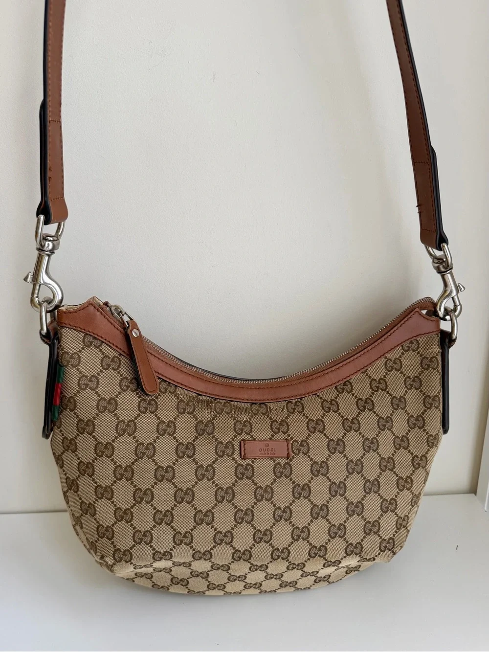 Authentic GUCCI GG Canvas Web Sherry Line Half Moon Crossbody bag